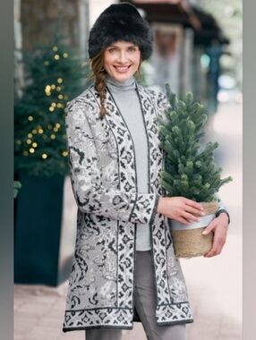 New Soft Surroundings Gray White Open Front Long Sleeve Cardigan Damask Size L